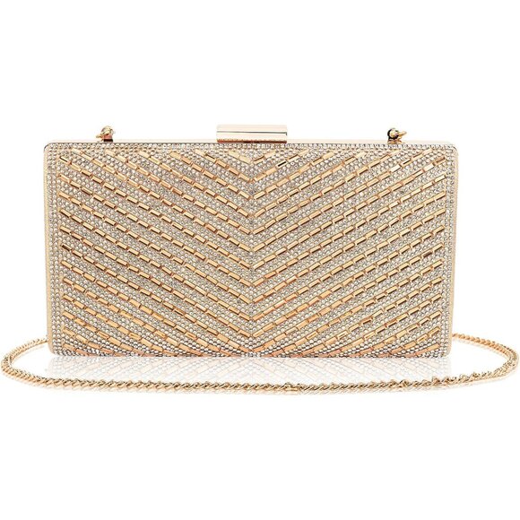 ⚡ Women\'s Sparkly Rhinestone Glitter Metal Clasp Chain Evening Gold Clutch Bag